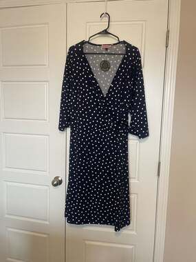 East Adeline Navy Blue Polka Dot Faux-Wrap Midi Dress 3/4 Sleeve Plus Size 3X